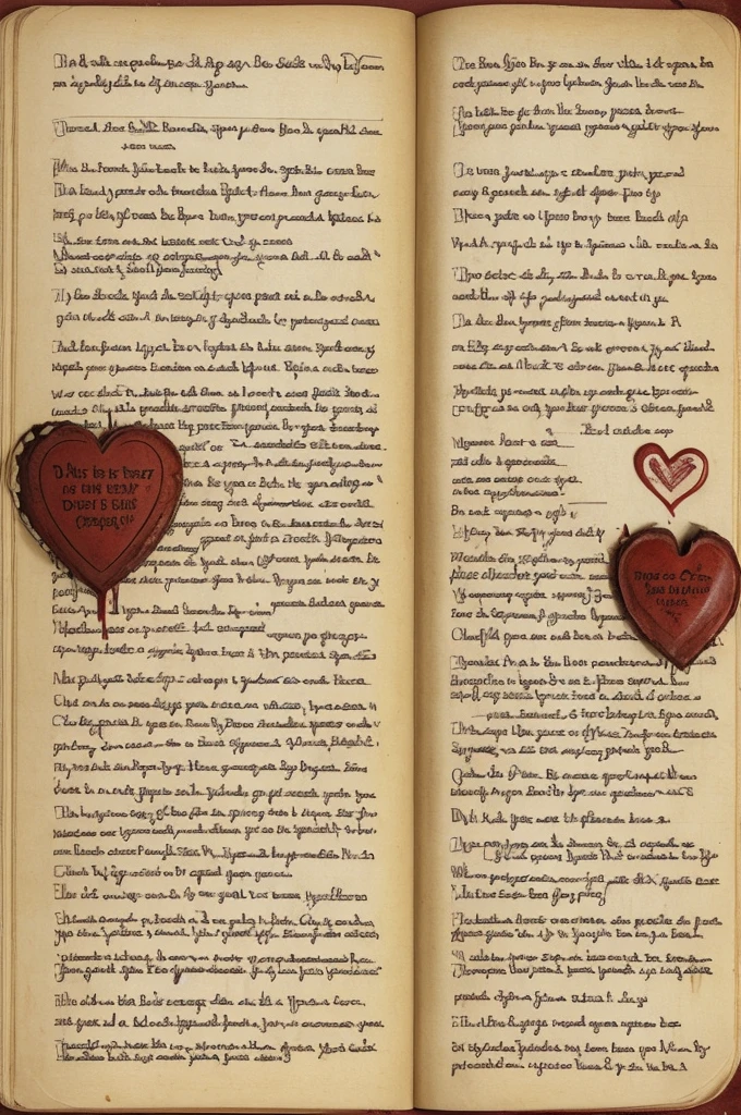 Create the image of a yellow notebook sheet, stained with blood and some dirt. With some drawings of human hearts and a cursive letter that says “We will die in the most grotesque way, just to be remembered by all people. Being one in a place made for the two of us”