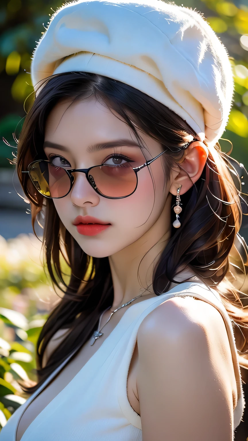 最high quality, masterpiece, High Resolution, One Girl, China dress, hat, necklace, jewelry, Beautiful Face, On top of that_body, Tyndall effect, Realistic, Dark studio, Rim Light, Two-tone lighting, (High resolutionスキン: 1.2), 8K Ultra HD, Digital SLR, Soft lighting, high quality, Volumetric lighting, Frank, photograph, High resolution, 4K, 8K, Bokeh, (Dynamic pose)､ masterpiece, 最high quality, high quality, High resolution､(Upper body portrait)､(A simple white beret)､(Wearing light blue sunglasses)､Incredibly large breasts､Cleavage､