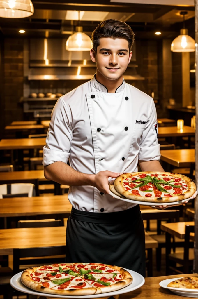 18 year old chef One hand carry plate with pizza handsome boy chef background with restaurant look like handsome 