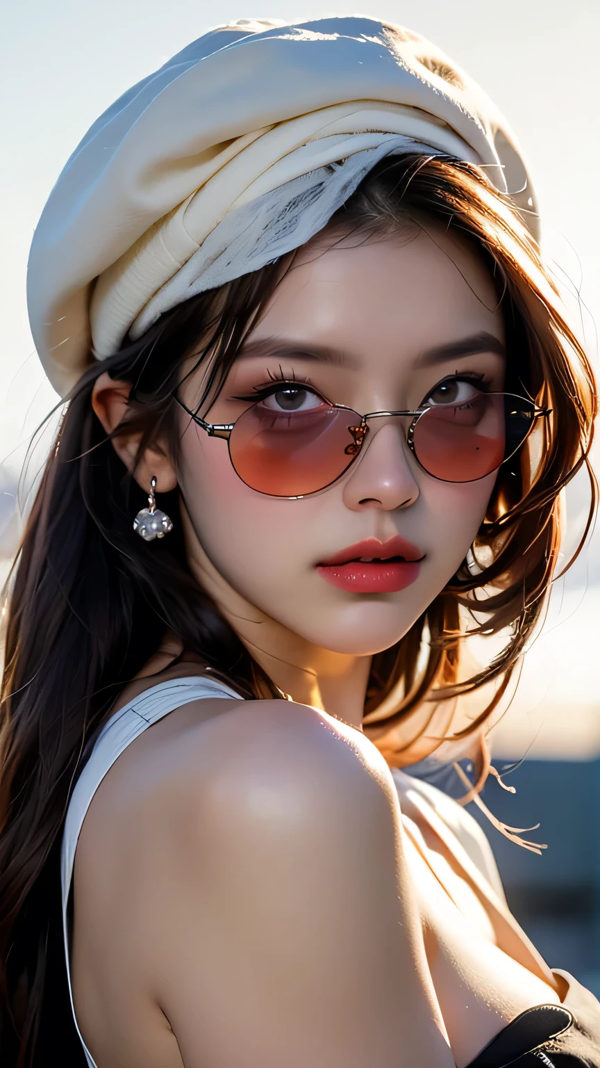 最high quality, masterpiece, High Resolution, One Girl, China dress, hat, necklace, jewelry, Beautiful Face, On top of that_body, Tyndall effect, Realistic, Dark studio, Rim Light, Two-tone lighting, (High resolutionスキン: 1.2), 8K Ultra HD, Digital SLR, Soft lighting, high quality, Volumetric lighting, Frank, photograph, High resolution, 4K, 8K, Bokeh, (Dynamic pose)、 masterpiece, 最high quality, high quality, High resolution、(Upper body portrait)、(A simple white beret)、(Wearing light blue sunglasses)、Incredibly large breasts、Cleavage、
