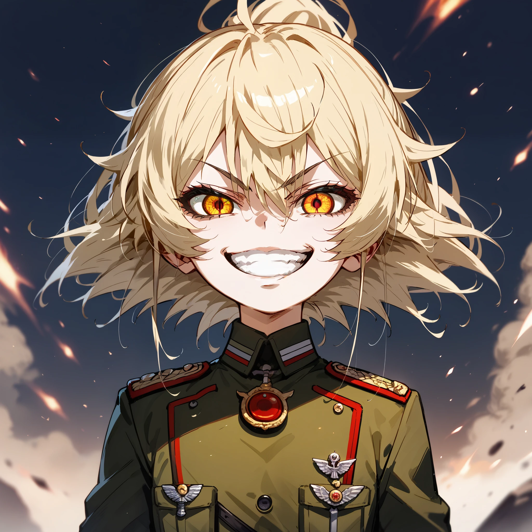 score_9, score_8_up, score_7_up, score_6_up, score_5_up, score_4_up, 1 girl, TanyaDegurechaff, no expression, evil smile, grin, military uniform, fierce battlefield