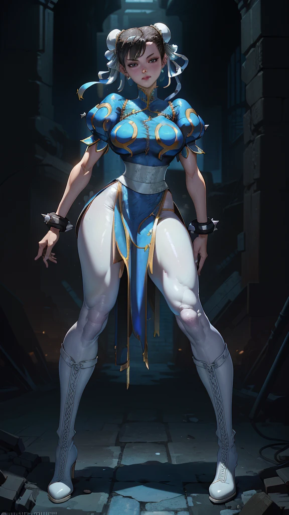 (La Best Quality,A high resolution,Ultra - detailed,actual),Selena Gomez es chun-li,,(Ruined dungeon ruins background cyberpunk :1.4 ), Beautiful young woman in blue dress，smile，(white boots:1.4) ，Exquisite facial features，tie hair, (black leggings:1.4) ，blue clothes,( blue skirt:1.4) , ，front standing posture ，facing the audience，(full body Portrait) ，gray background, ,(Ruined dungeon ruins background:1.4 ), (perfect anatomy :1.4), (face detailed :1.4), (Selena Gomez :1.4), (Chun Li :1.4),( Chun Li V2.1), More detailed 8K.unreal engine:1.4,UHD,La Best Quality:1.4, photorealistic:1.4, skin texture:1.4, Masterpiece:1.8,first work, Best Quality,object object], (detailed face features:1.3),(The correct proportions),(Beautiful blue eyes),  (cowboy pose dinámica ),( cinematic lighting :1.4) 