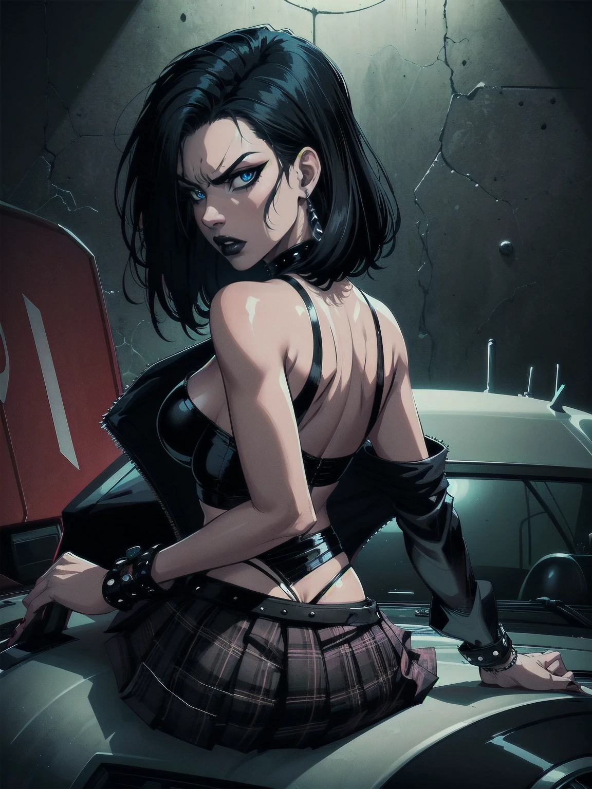 a woman with medium black hair, hair on shoulders, wearing plaid skirt, black jacket, blue eyes, gothic art, cute aesthetic with vibe, toon aesthetic, wearing gothic accessories, look like Cassie Hack, upper body, angry, sitting on the car, garage background, backwards, looking back, dinamic poses