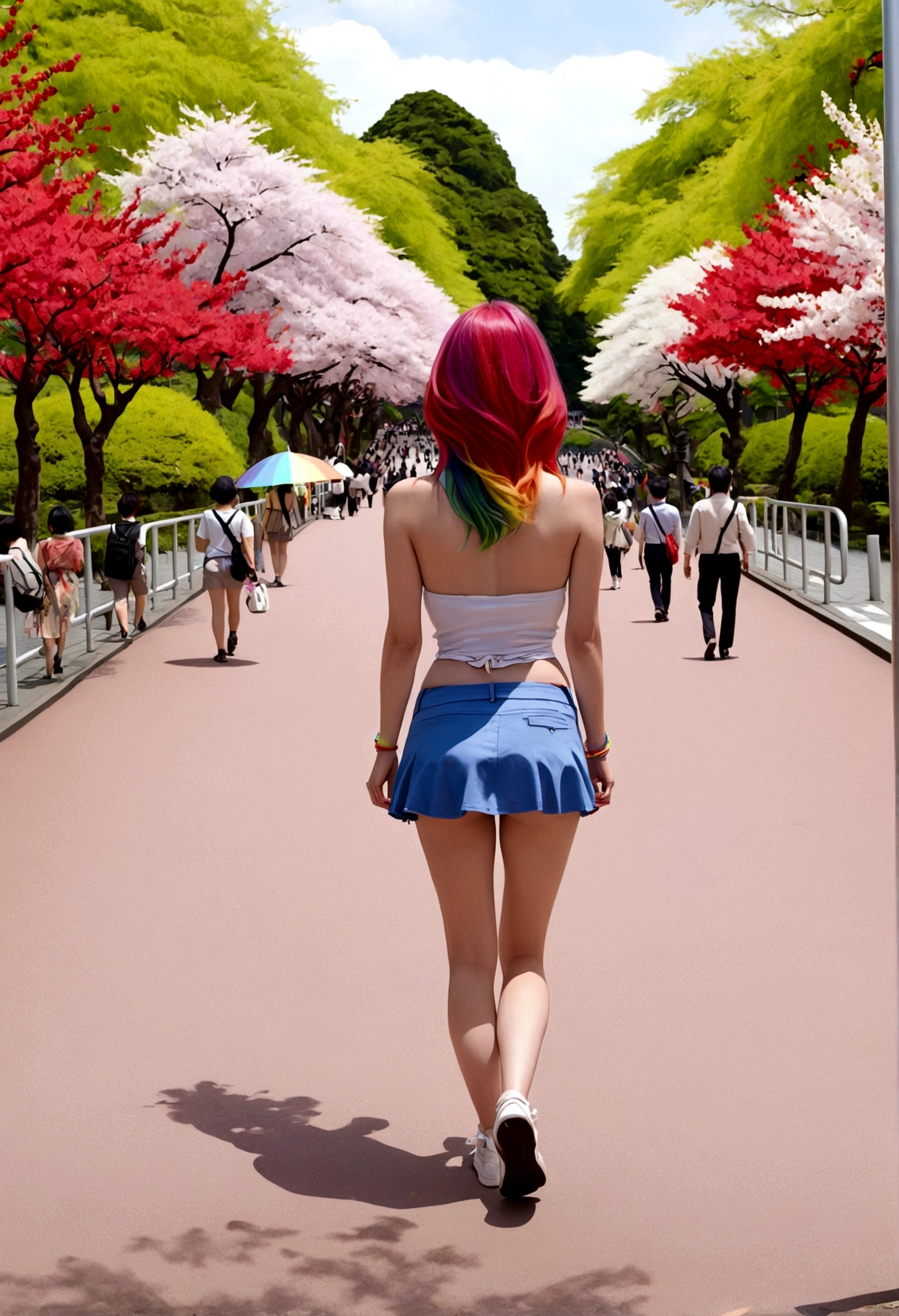 A lovely woman (miniskirt, rainbow hair, tube top) is a tourist in Japan, she is walking through a park while the cherries are in bloom, view from behind
