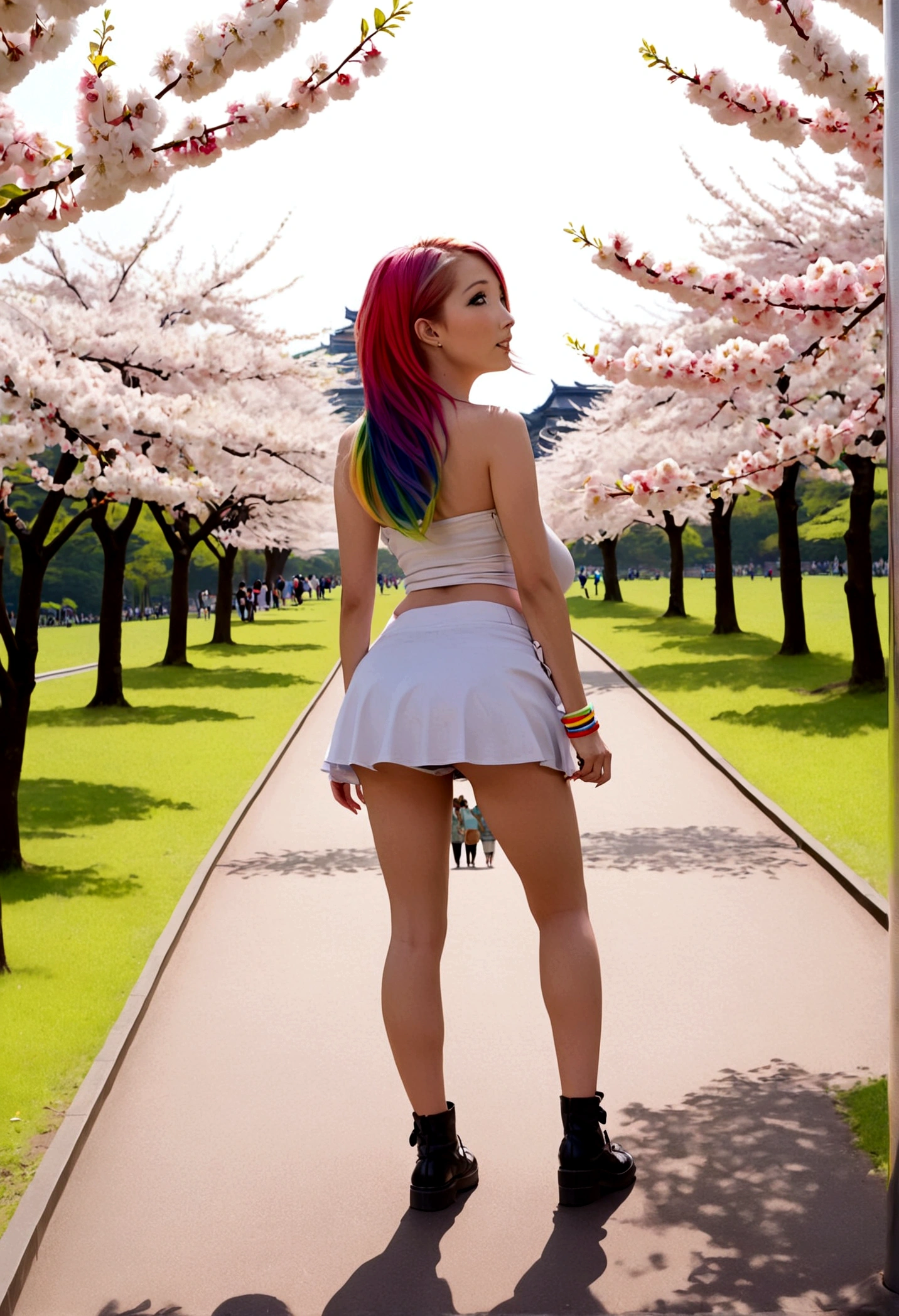 A lovely woman (miniskirt, rainbow hair, tube top) is a tourist in Japan, she is walking through a park while the cherries are in bloom, view from behind