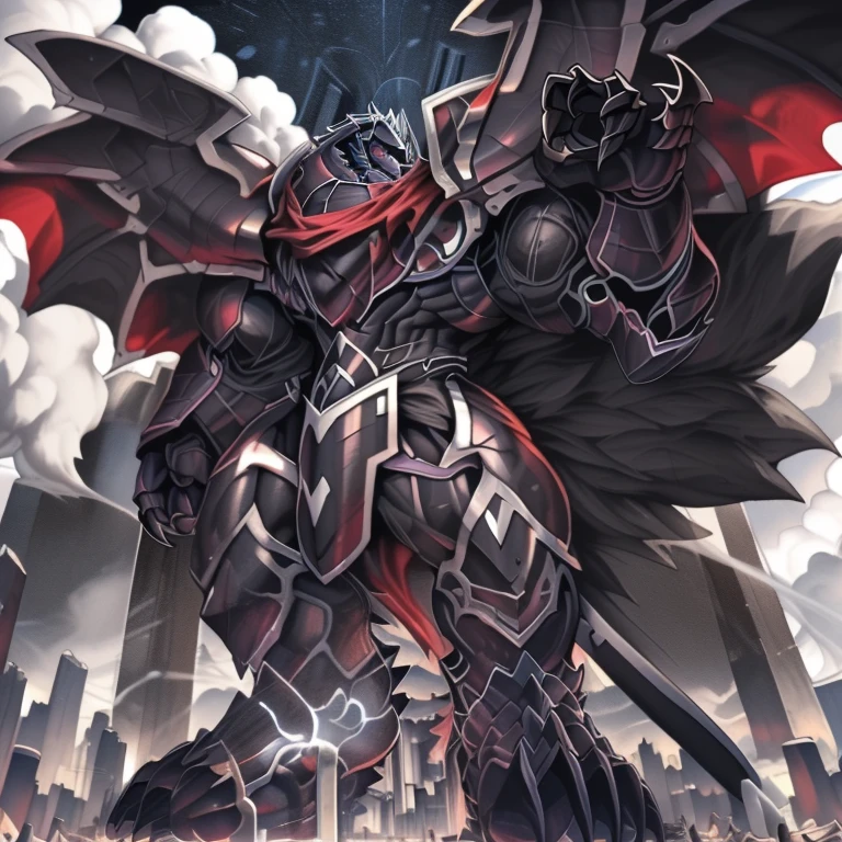 (masterpiece. official art. 8k. best quality. detailed full body. full body.)
(situation 1 : dominating demon lord dragon batzz. focus Colossus mechanical Muscular demon lord dragon batzz is trampling the CITY. macro. stomp. Low-angle perspective. emphasizing the immense size. The perspective is from below, emphasizing the sheer majesty and power of the Colossus. Colossus art. He is much bigger than a skyscraper. Giga Colossuss. looking down.)
(situation 2 :smoke and flames rising from the destruction in the city. macro. stomp. Low-angle perspective. emphasizing the immense size. The perspective is from below, emphasizing the sheer majesty and power of the Colossus. Colossus art. He is much bigger than a skyscraper. Giga Colossuss. looking down.)
(Additional details 1: wearing a full-face helmet. helmet is jet black. The color of NANOSUIT is jet black. high-tech bio-mecha armor. real texture material. whole body shines like metal. Wearing cyberpunk mecha. emphasizes the muscles. suit fully made of metal. intricate armor. Robotic suit. suit fully made of metal. NANOSUIT with the same design as demon lord dragon batzz.). (demon lord dragon batzz has 5 toes.)
(Additional details 2: (Detailed head. Detailed Body. Detailed abs. gigantic muscles. HYPER MUSCLES. Gigachad Muscular. big muscle. pecs. triceps. traps. unusually developed muscular body. body full of huge muscles. showing off muscles. pectorales enormes. Exaggeratedly huge muscles. huge muscles. long legs.).
(Additional details 3: nj5furry, Spread wings. It has wings. black have big wings. The claws are sharp. Sharp teeth.).
(Additional details 4: black color hyper penis. hyper black penis. big penis)
(Additional details 5 Spraying hyper cum up everywhere into the sky from his erect penis. wide spray of cum, covered in cum, cum splashing in front of camera, crowd of naked muscular male spectators, bukkake, City is under a thick later of cum.)