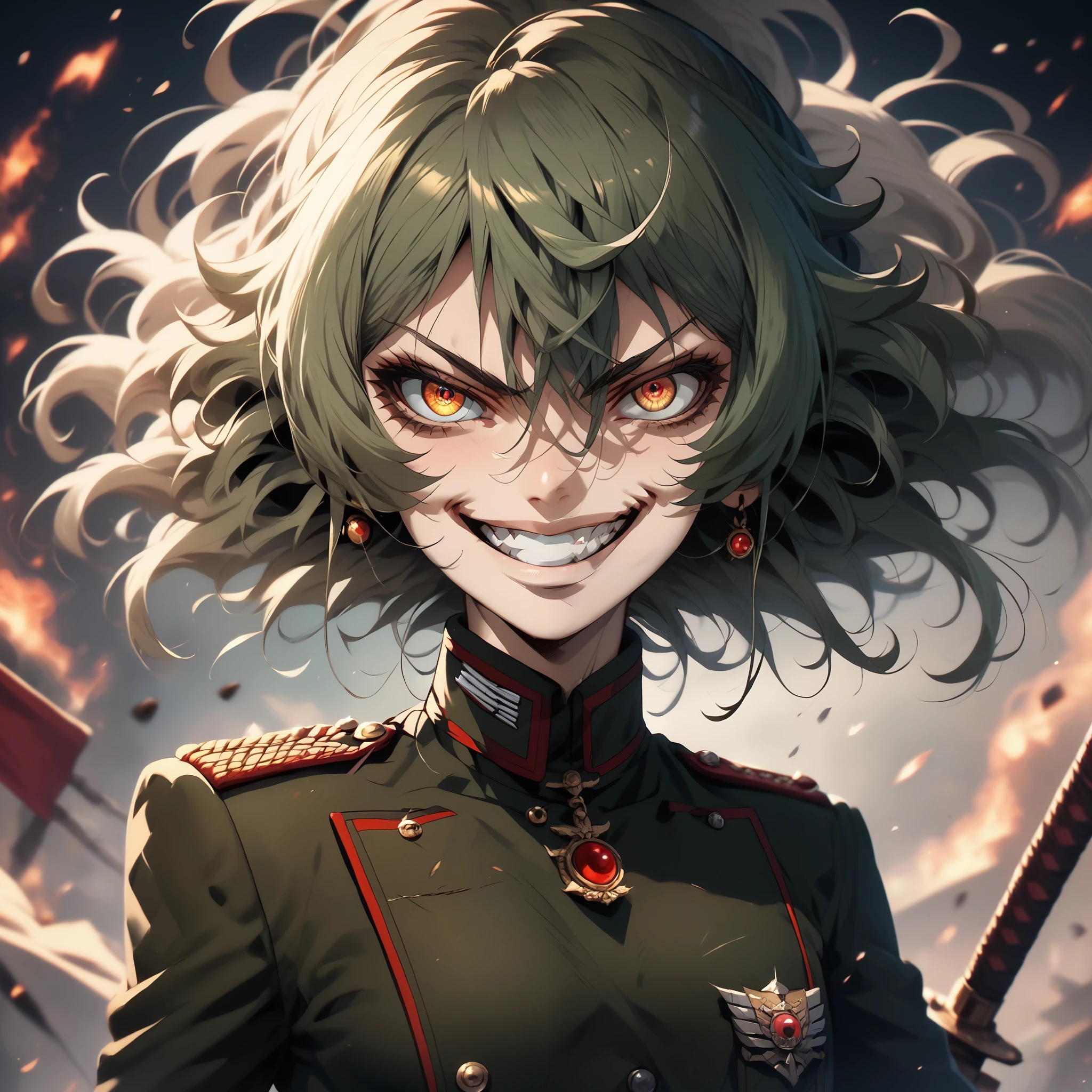 score_9, score_8_up, score_7_up, score_6_up, score_5_up, score_4_up, 1 girl, TanyaDegurechaff, no expression, evil smile, grin, military uniform, fierce battlefield