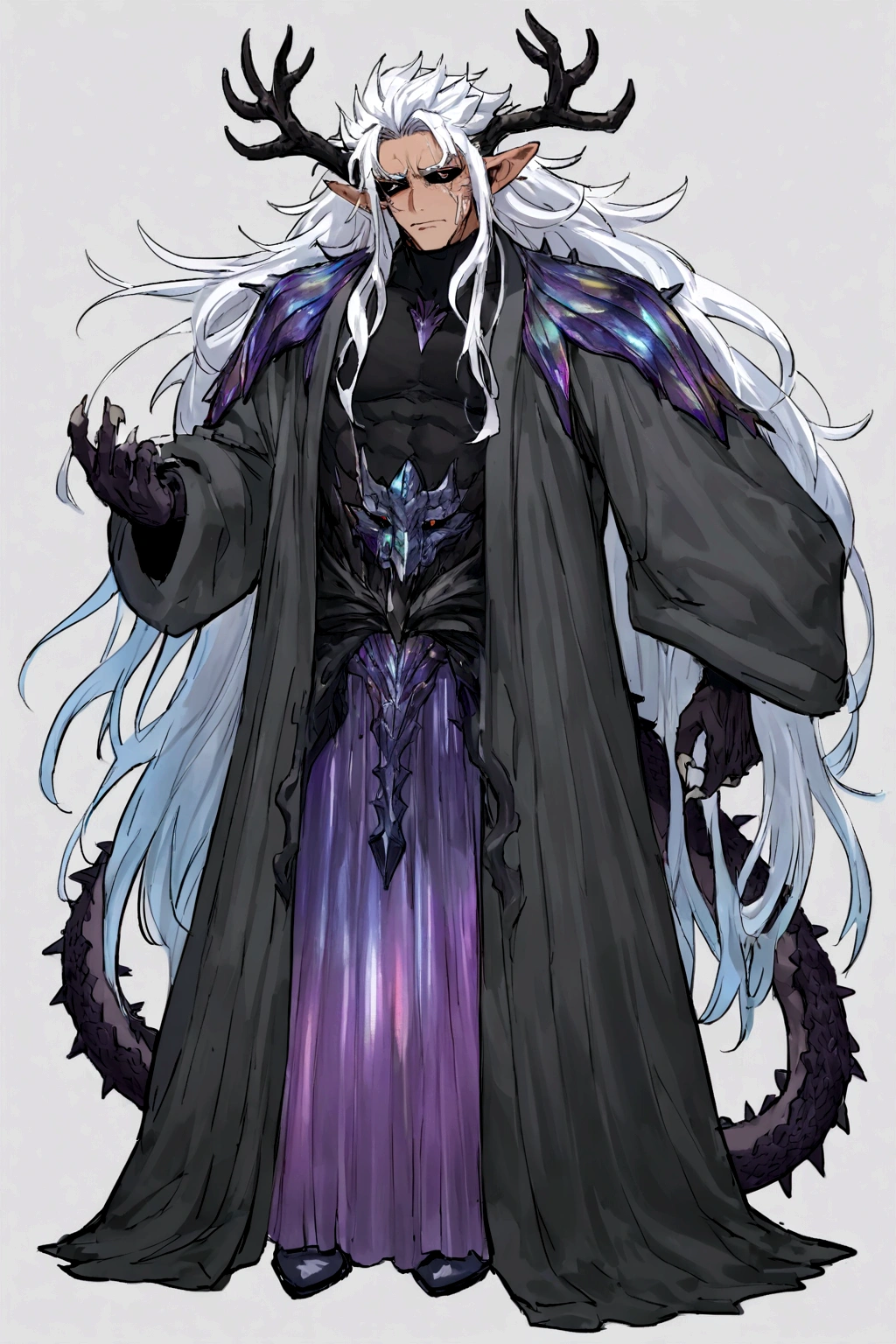 solo, 20 year old male, character fusion, nidhogg fused with odin and sun wukong, tall tanned man with wild unruly white hair, bangs on face, bangs, ((iridescent irises)), black sclera on eyes, long voluminous hair, spiky hair, pointy ears, fit , clawed fingers, dragon tail, open haori, turtleneck tanktop, manly jaw, dark crystal antlers, exhausted expression, khaenr'ah abyss, draconic person, calamity incarnate, full body