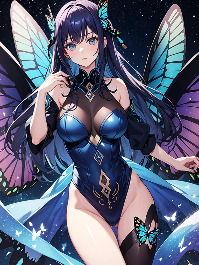 Woman with dark blue hair, butterfly wings, galaxy rainbow, leotard