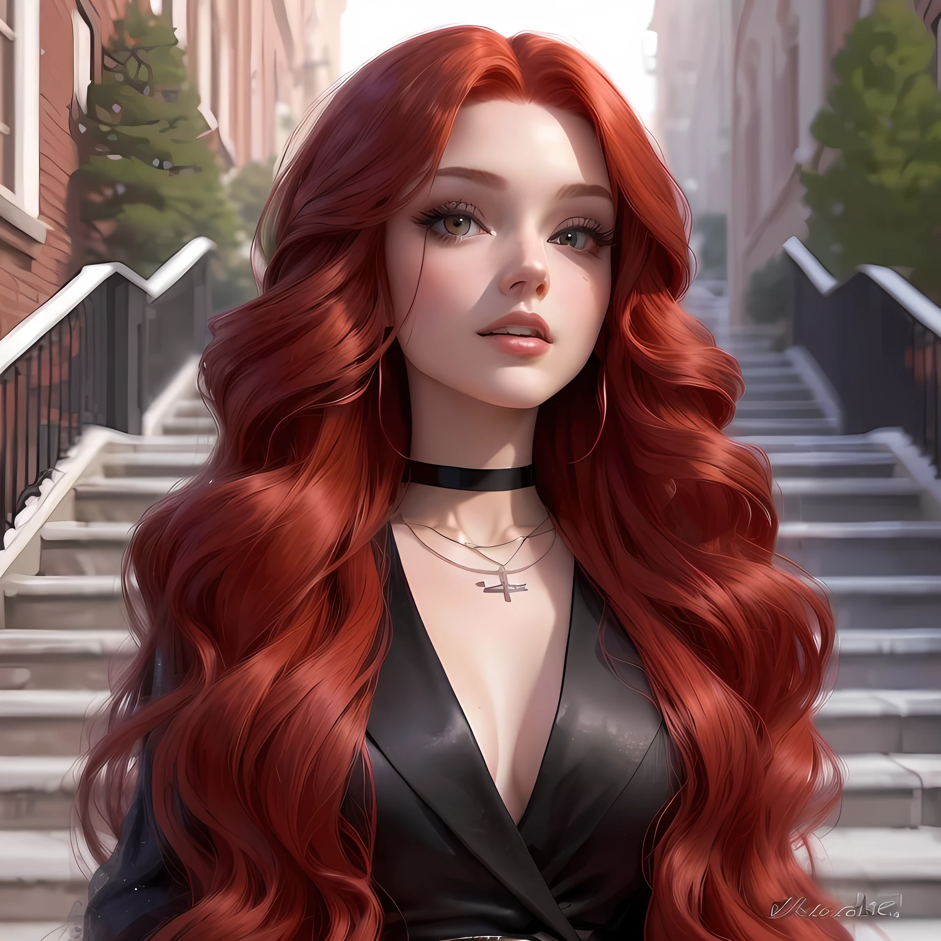 a closeup of a woman with red hair and a white dress, realistic art style, long wavy red hair, long shiny red hair, curly red hair, realistic art style, long wavy red hair, realistic style, red wig, big red wavy hair, realism artistic style, realistic cartoon, long curly red hair, awesome art style, digital art of an elegant, necklace that says Yissel, low-cut, navel out.