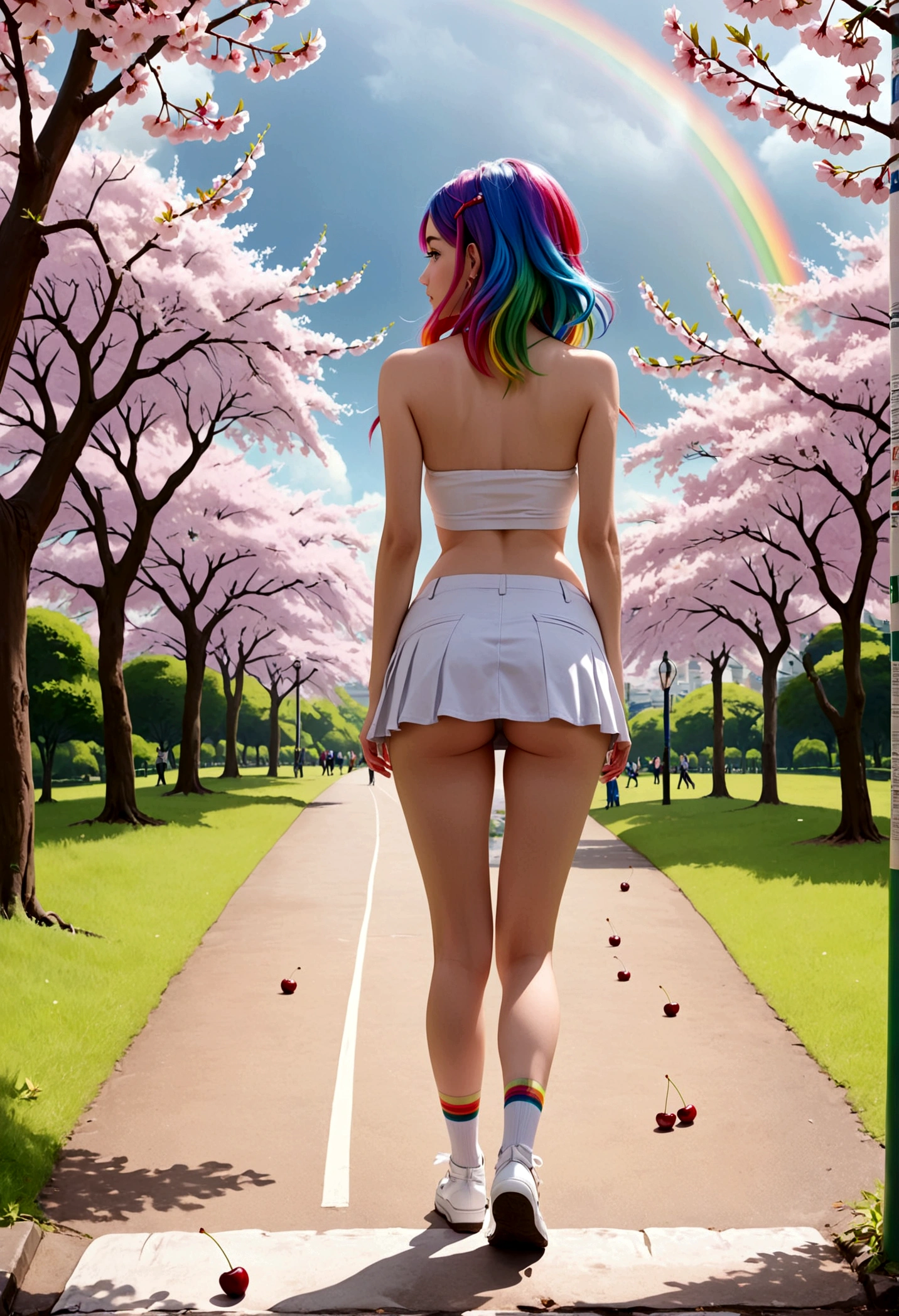 A lovely woman (miniskirt, rainbow hair, tube top) is a tourist in Japan, she is walking through a park while the cherries are in bloom, view from behind