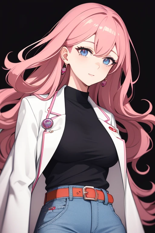 bonibel scientist Beautiful 40-year-old woman with long, wavy red hair with pink highlights, pierced ears, honey-colored eyes, open white doctor's coat, blue jeans, white shirt with candy print, black belt, looking directly at the viewer. a white background.