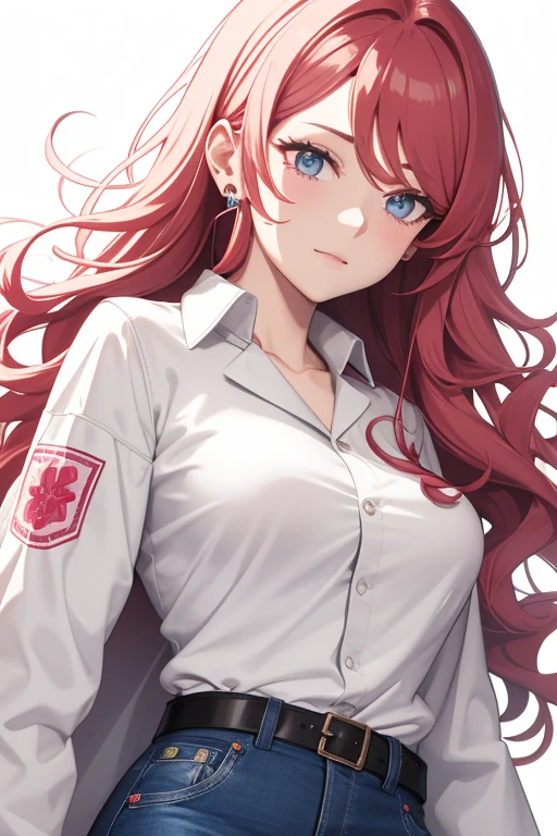 bonibel scientist Beautiful 40-year-old woman with long, wavy red hair with pink highlights, pierced ears, honey-colored eyes, open white doctor's coat, blue jeans, white shirt with candy print, black belt, looking directly at the viewer. a white background.