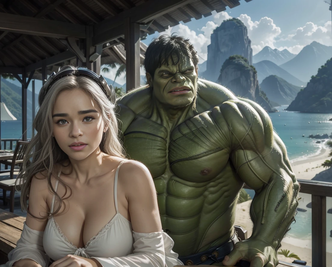 ((("Photorealistic hulk and Wife on Vacation")))
Subject: A captivating photorealistic photograph capturing hulk and his wife enjoying a vacation together in a picturesque setting.
Type of Image: Photorealistic photograph.
Art Styles: Realism, Romantic.sex in doggyStyle 
Art Inspirations: hulk iconic appearance and the joy of vacation.emilia clarke, large breasted 
Characters: hulk and his wife depicted in a relaxed and intimate vacation moment.
Background: A stunning vacation spot, such as a serene beach, scenic mountain landscape, or vibrant city square, creating a sense of romance and escapism.
Camera: Medium shot.
Pose: Natural and affectionate pose that highlights their bond and the beauty of the vacation spot.
Lighting: Soft and warm lighting, enhancing the romantic ambiance of the scene.
Resolution: High-resolution, capturing intricate details of the characters and the vacation backdrop.

Camera Lens: 50mm.
View: Medium shot.