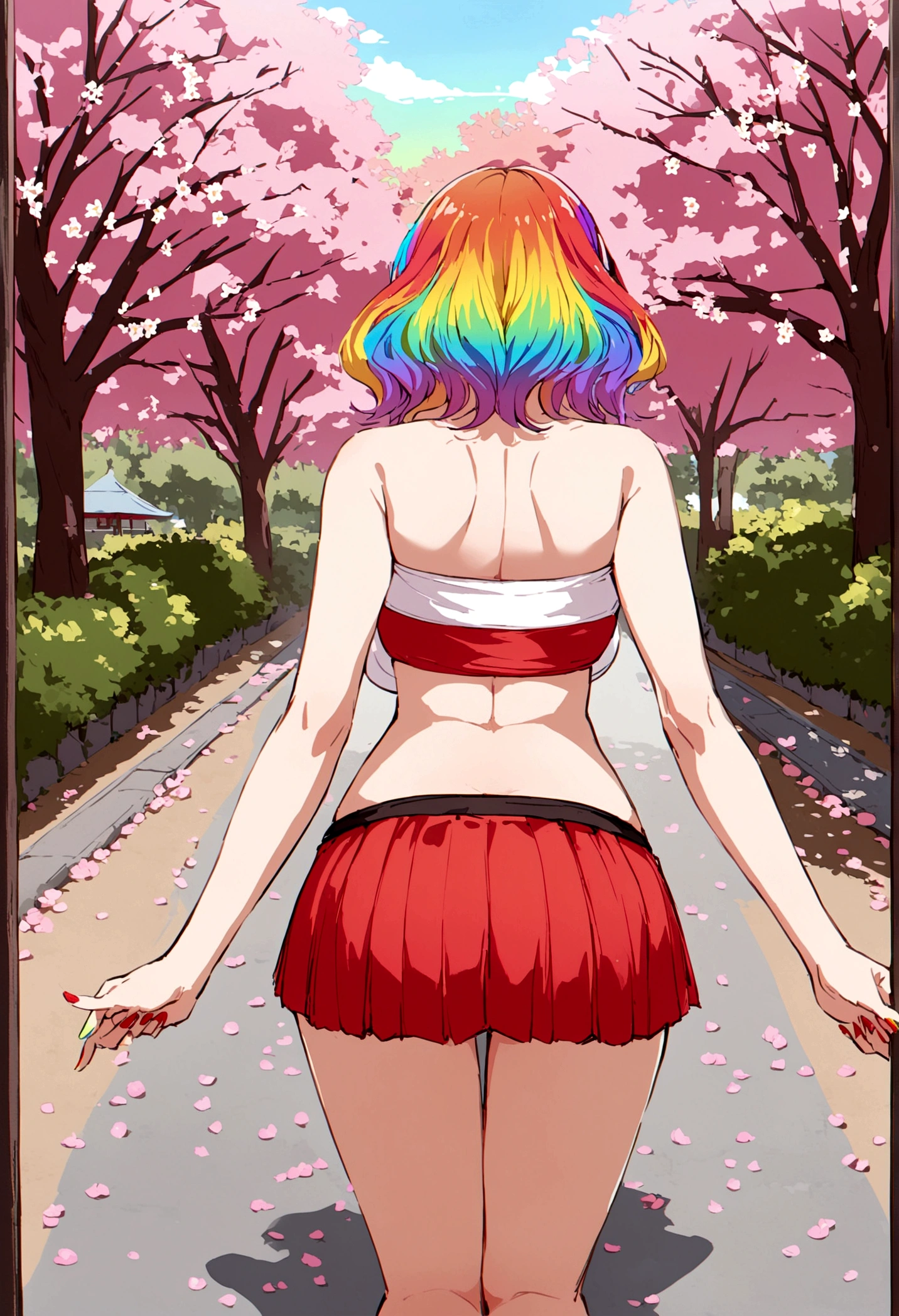 A lovely woman (miniskirt, rainbow hair, tube top) is a tourist in Japan, she is walking through a park while the cherries are in bloom, view from behind
