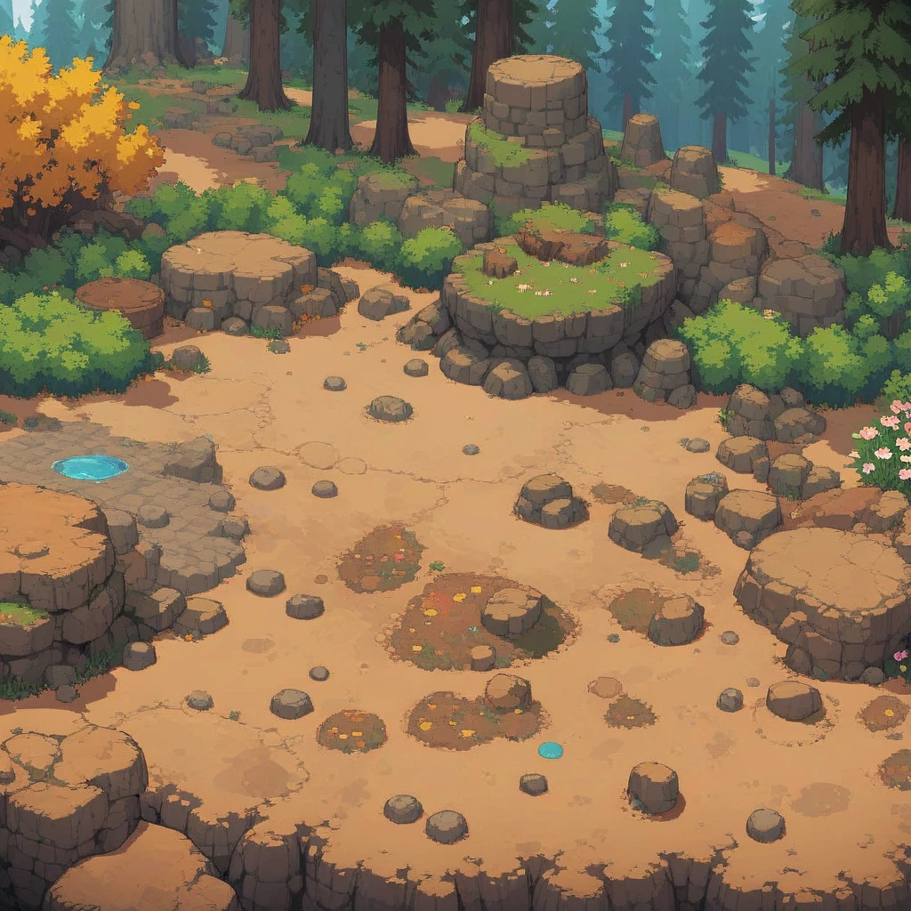 retro video game style,pixelated, vibrant pastel colors,8-bit characters,blocky shapes,sharp lines,detailed shading,classic gaming vibe,nostalgic atmosphere,classic arcade games,masterpiece:1.2,ultra-detailed,illustration style, 2d texture, clay texture, stone texture, 4 k seamless mud texture, video game texture, dirt texture, tileset, game tiles, clay material, flat texture, grass, trees, rock texture, rocky ground, forest, topdown view, game texture, game art, ground very detailed, dirt, floor texture, tileable texture, flowers, bushes, shrubs, intricate ground stone, top down view, 3/4th perspective