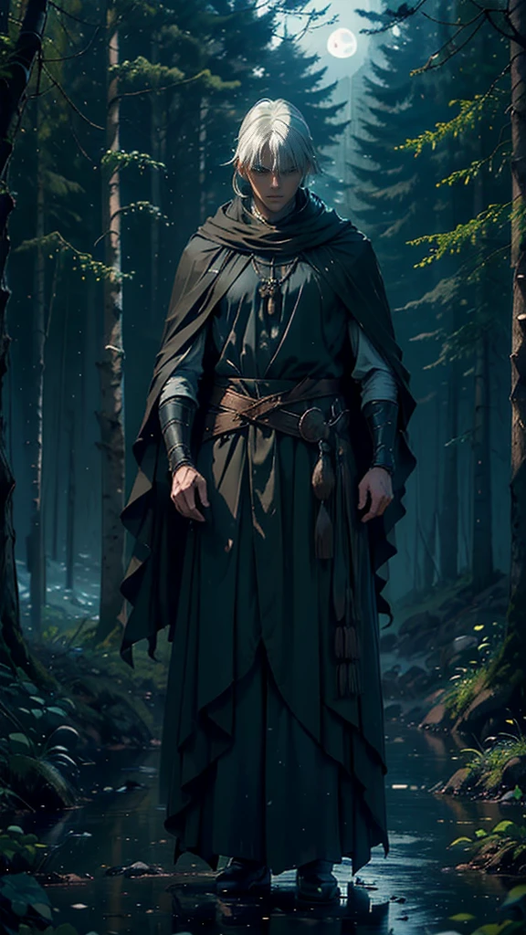 (Best Quality,ultra detailed), artificial raindrops falling, a man standing in the rain, white hair, blue eyes, detailed face(fail),dense forest landscape,majestic and serene nature, shining brightly in the night sky,black medieval outfit with pants glow in the moonlight, gentle style