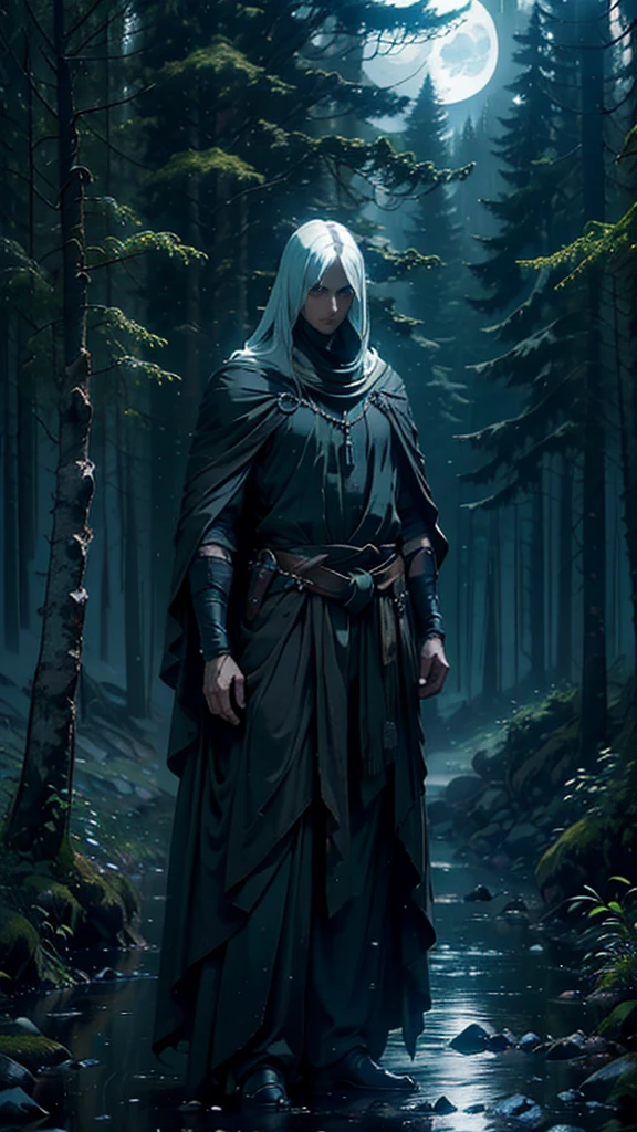 (Best Quality,ultra detailed), artificial raindrops falling, a man standing in the rain, white hair, blue eyes, detailed face(fail),dense forest landscape,majestic and serene nature, shining brightly in the night sky,black medieval outfit with pants glow in the moonlight, gentle style