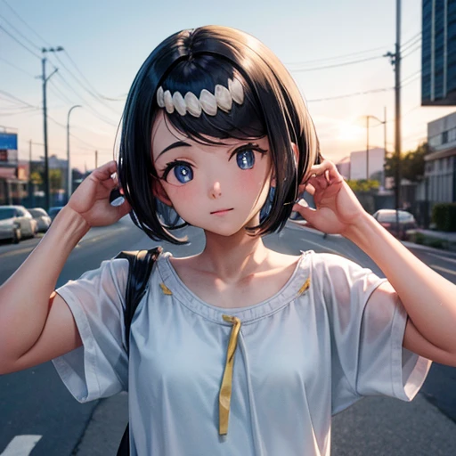 (8K, RAW photograph, Highest quality, masterpiece:1.3),(Genuine,photograph:1.37),(Black Hair),Pause,One girl,Very beautiful face,cute,(small),(Hands down))),Poggy Hairstyle,Random representation,(White T-shirt),JK_style,(Track Shorts) ,Black Hair,(19 years old),moderate,Five Fingers,Normal hand,small Mouth,Straight hair