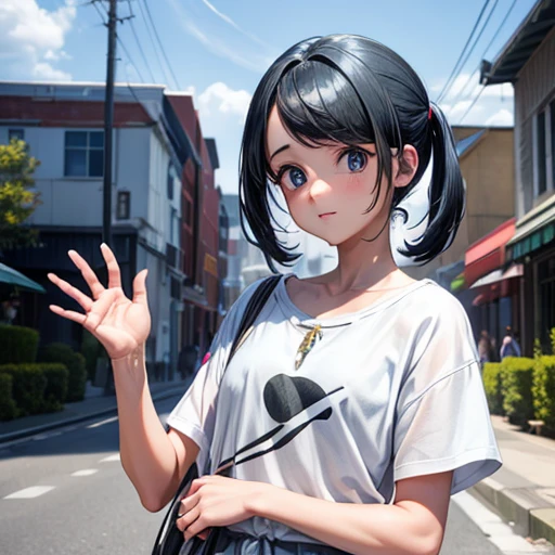(8K, RAW photograph, Highest quality, masterpiece:1.3),(Genuine,photograph:1.37),(Black Hair),Pause,One girl,Very beautiful face,cute,(small),(Hands down))),Poggy Hairstyle,Random representation,(White T-shirt),ＪＫ_style,(Track Shorts) ,Black Hair,(19 years old),moderate,Five Fingers,Normal hand,small Mouth,Straight hair