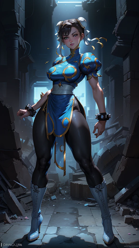 (La Best Quality,A high resolution,Ultra - detailed,actual),Selena Gomez es chun-li,,(Ruined dungeon ruins background cyberpunk :1.4 ), Beautiful young woman in blue dress，smile，(white boots:1.4) ，Exquisite facial features，tie hair, (black leggings:1.4) ，blue clothes,( blue skirt:1.4) , ，front standing posture ，facing the audience，(full body Portrait) ，gray background, ,(Ruined dungeon ruins background:1.4 ), (perfect anatomy :1.4), (face detailed :1.4), (Selena Gomez :1.4), (Chun Li :1.4),( Chun Li V2.1), More detailed 8K.unreal engine:1.4,UHD,La Best Quality:1.4, photorealistic:1.4, skin texture:1.4, Masterpiece:1.8,first work, Best Quality,object object], (detailed face features:1.3),(The correct proportions),(Beautiful blue eyes),  (cowboy pose),( cinematic lighting :1.4), (pose dinámica vaquero) 