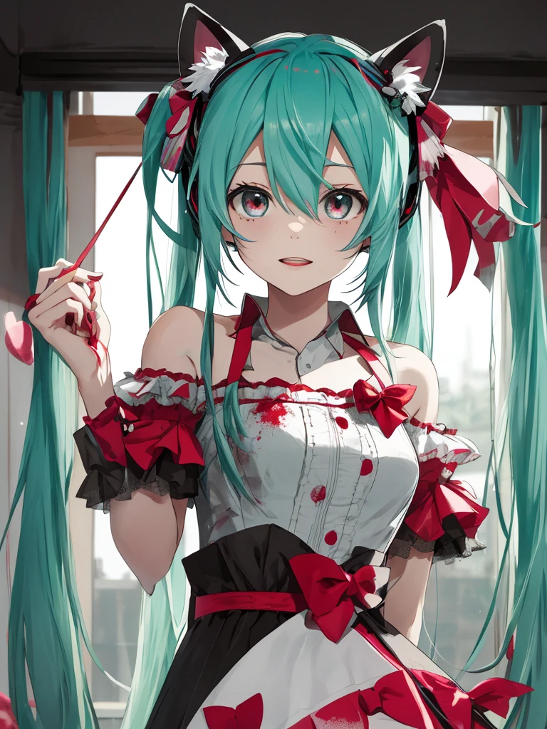 hatsune miku, yandere, blood, cute, cat ears