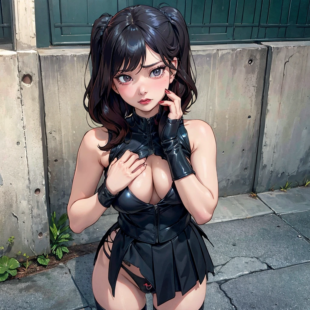 Black Widow very embarrassed in the street. She has scratches. her costume is torn. we see a nude breast through a tear in her costume and her panties through her tattered skirt.