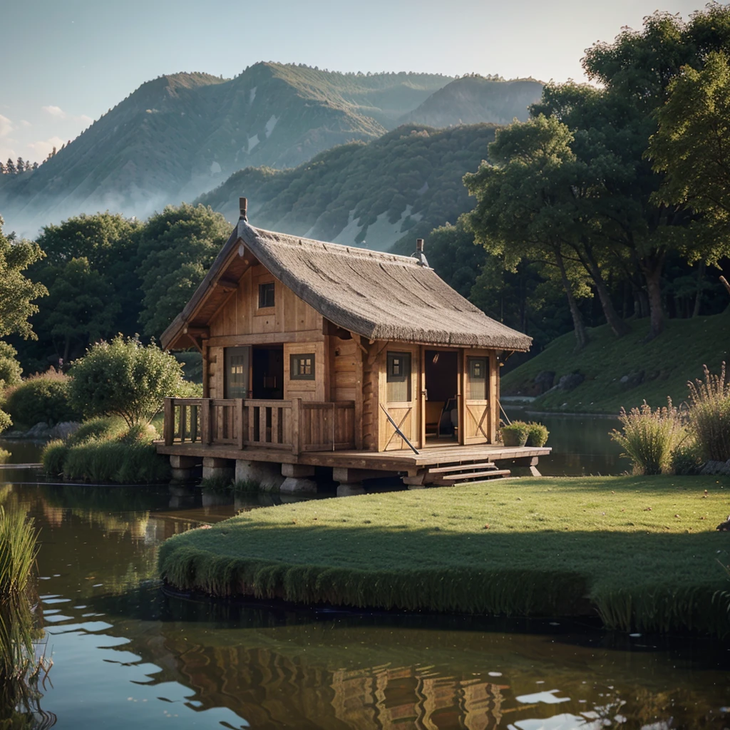 Ultra-realistic 3D model of a wooden hut by a serene pond, connected by wooden bridges to a hub, with a helicopter parked nearby, rendered in Octane with high detail, volumetric effects, and dramatic lighting.