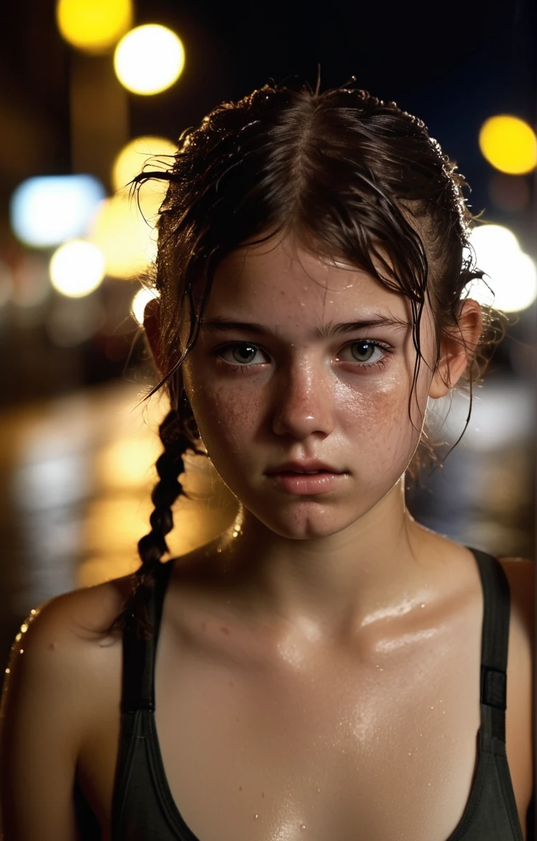 "Streetpunk Sexy" - Visualize a full body photo of a 18 year old woman that looks like 12 years old on a city street. rainy night,The shot,taken from a distance,captures her (wet body:1.6) and indifferent expression in the midst of the urban night. She is not wearing a dress,with body sweat and wetness hinting at the city's humid atmosphere. messy hair,pigtails,candid pose,head tilt,The photo,taken with a Canon EOS 5D Mark III,showcases her natural skin texture,including subtle freckles (0.3) and acne (0.3),in hyperrealistic detail under soft,sharp lighting. The depth of field focuses on her detailed body, against a backdrop of soothing,muted colors and high contrast,creating a dark,yet gorgeous (1.2) and immersive night scene., looks like a 12 year old girl, full body front view, artistic nudism, photo includes feet, cinlude body, armas, small ass, flat chest