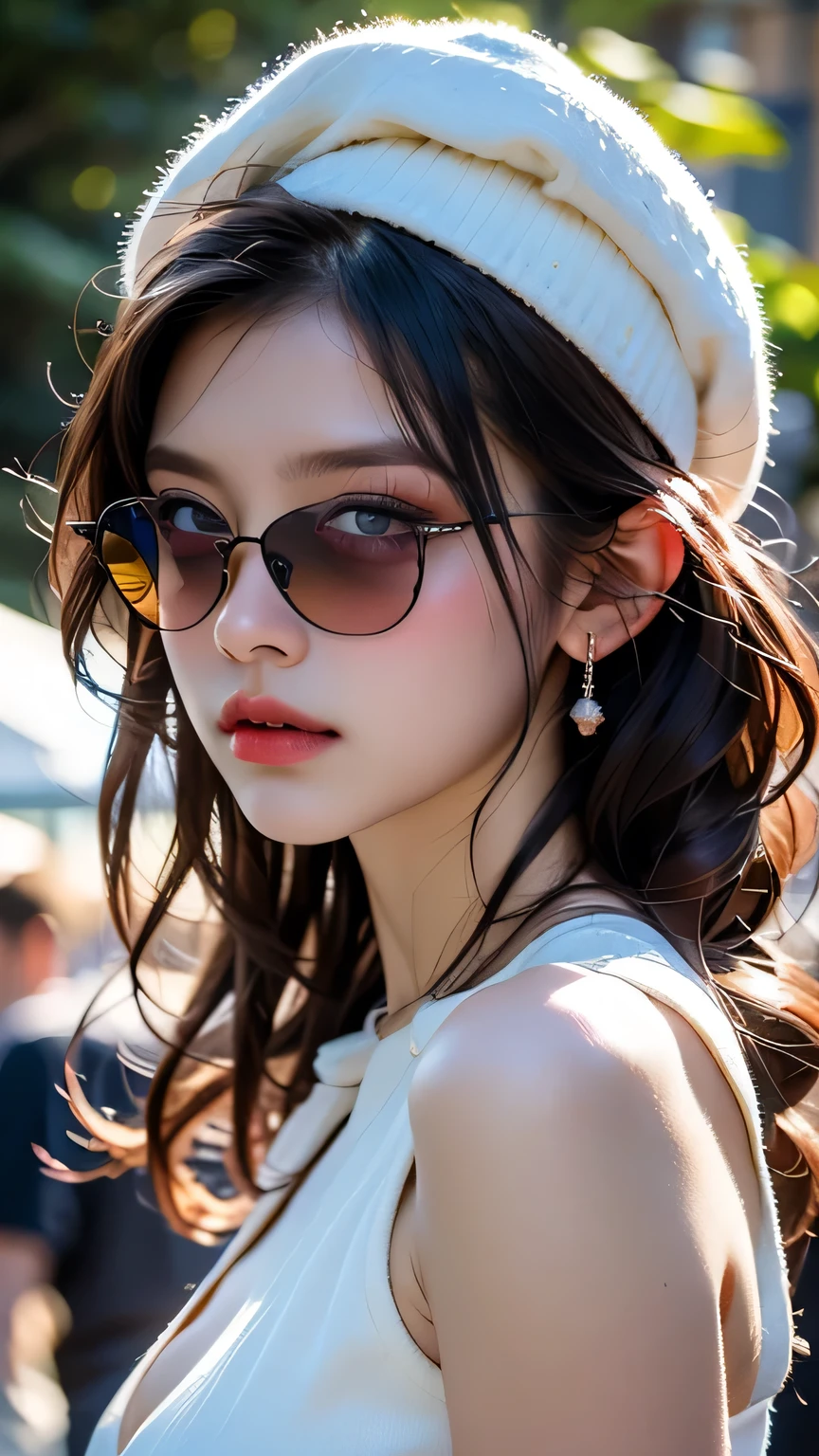 1womanl, up of face, mideum breasts, light brown hair, Blunt bangs, hair behind ear, hair over shoulder, Long hair, slender body shape, Ultra Fine Face, Thin face, Delicate lips, Beautiful eyes, thin blush, eyes are light brown, perfect glossy skin, flawless skin, Glistening sweat,View here, Ultra-thin hands, Ultra-fine fingers, best ratio four finger and one thumb, (realisitic:1.3), Finger Extensions, See-through white blouse. White beret,, Broad-leaved forest, One-person viewpoint, Fuji Film, F/1.2, 8K, masutepiece, nffsw, Super Detail, High quality, Best Quality, hight resolution,