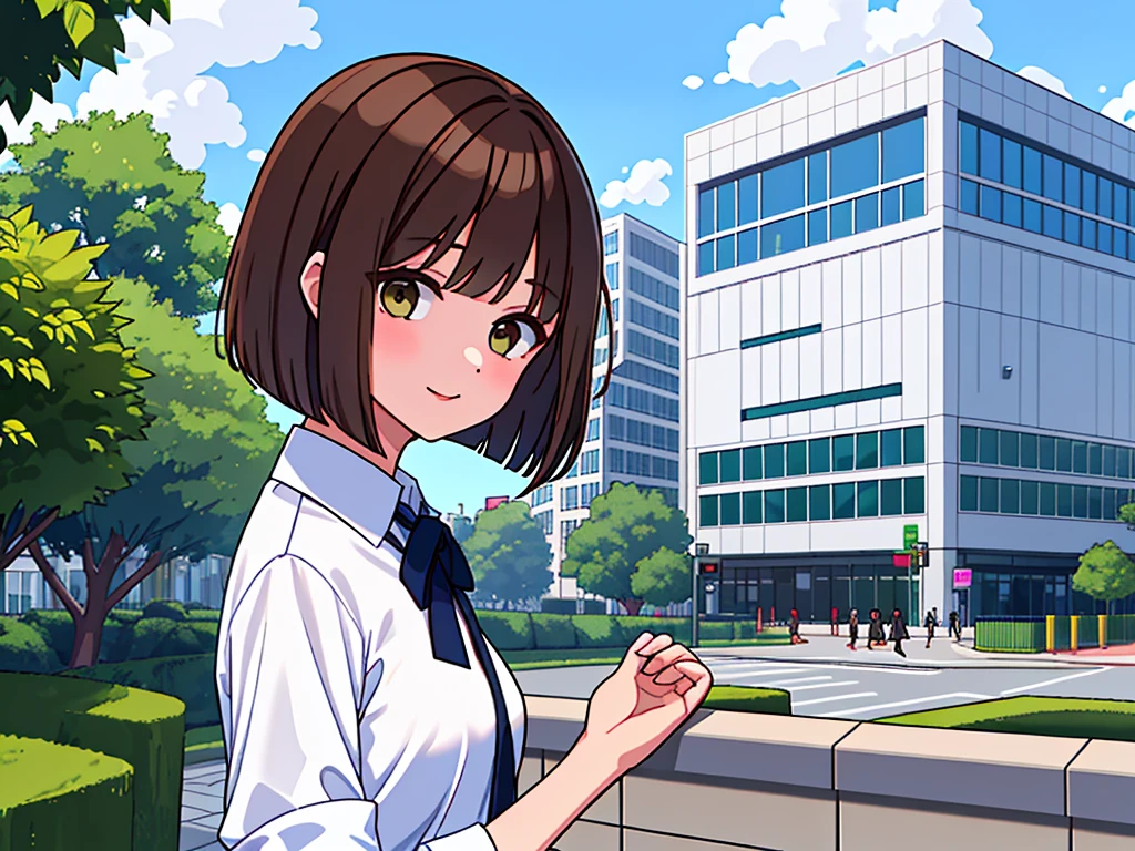 news stadio, faceless office lady, brown hair, bob cut, upper body. small wipe of park, detailed news program, [pixel art]