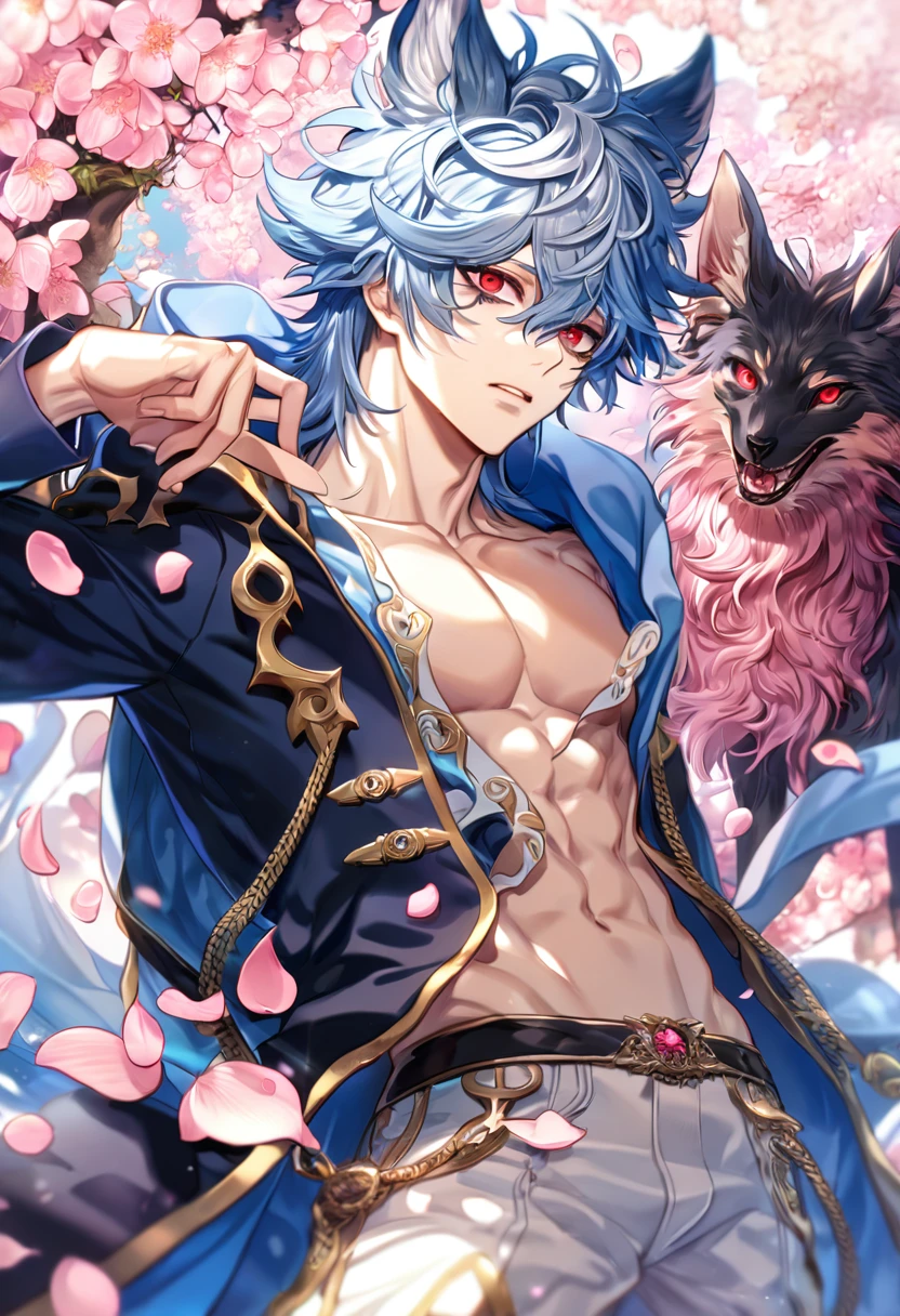 absurdres, highres, ultra detailed, HDR, master piece, best quality, Kuro, expressive red eyes, messy hair, light-blue hair, black bags under the eyes, Servamp, solo, sexy man, handsome, light-blue coat, white pants, fantasy, shining, pink flowers, pink blossoms, pink petals