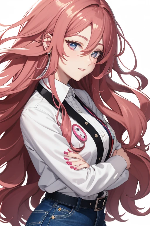 bonibel scientist Beautiful 40-year-old woman with long, wavy red hair with pink highlights, pierced ears, honey-colored eyes, open white doctor's coat, blue jeans, white shirt with candy print, black belt, looking directly at the viewer. a white background.