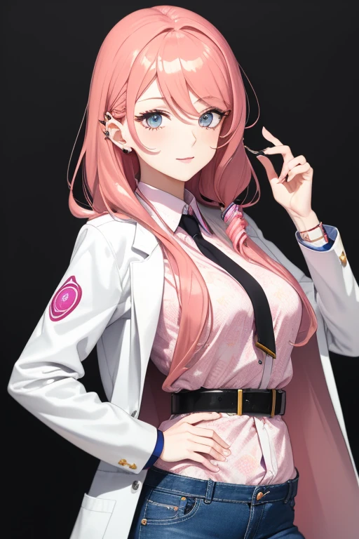 bonibel scientist Beautiful 40-year-old woman with long, wavy red hair with pink highlights, pierced ears, honey-colored eyes, open white doctor's coat, blue jeans, white shirt with candy print, black belt, looking directly at the viewer. a white background.