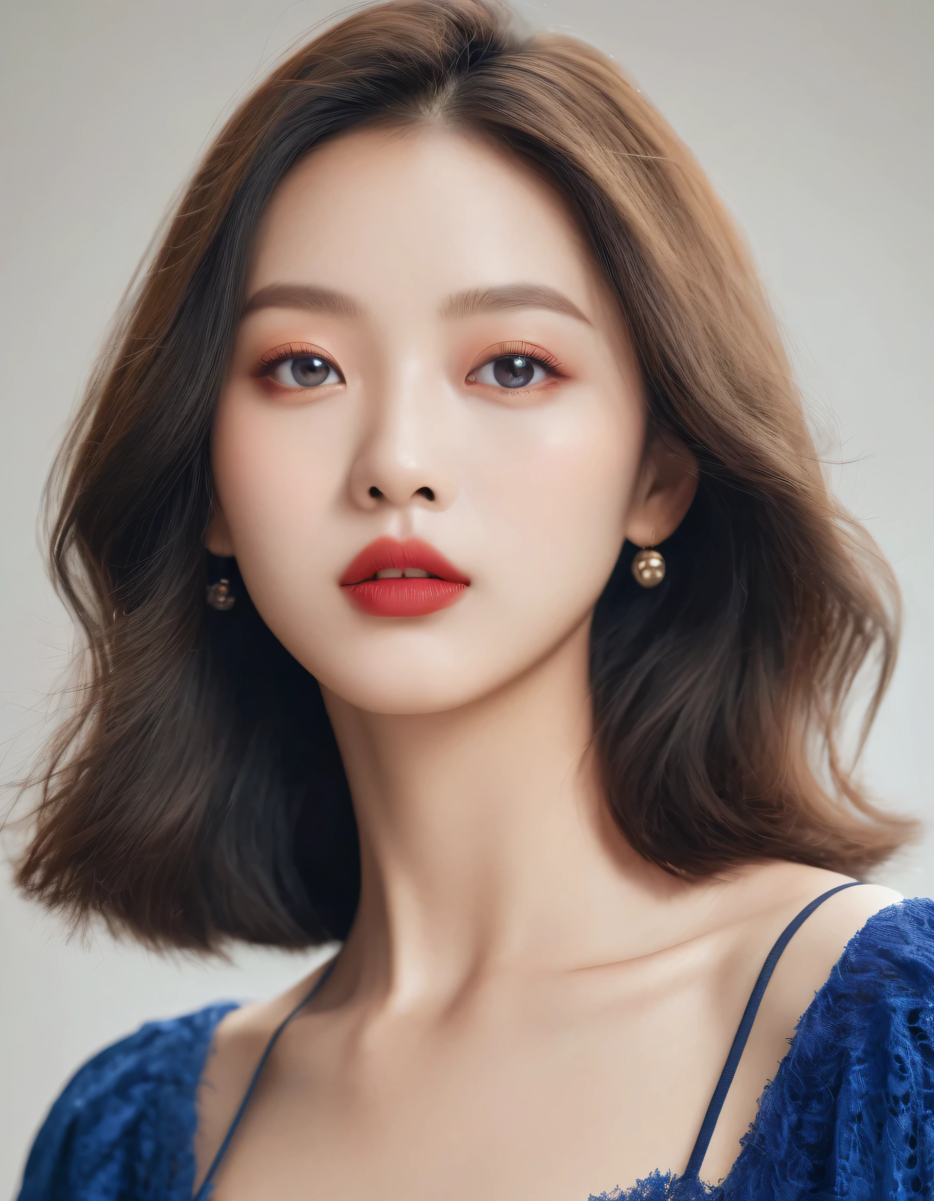 (best quality, 4k, Masterpiece, ultra detailed, hyperrealism, RAW quality), The face of the most beautiful young girl, the most beautiful face ever created, blue-eyed princess, seductive look, ultra-detailed pupil, captivating, clean, perfect, bob cut, ash hair, red lips, captivating, Asian-Nordic, RAW quality,