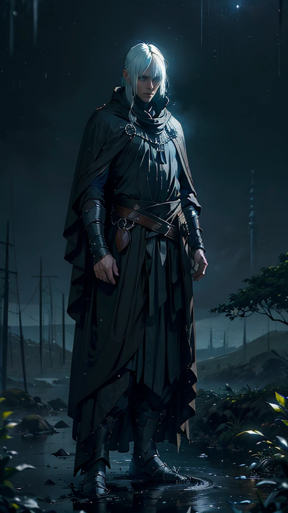 (Best Quality,ultra detailed), artificial raindrops falling, a man standing in the rain, white hair, blue eyes, detailed face(fail),dense ruinscape landscape,majestic and serene nature, shining brightly in the night sky,black medieval outfit with pants glow in the moonlight, gentle style