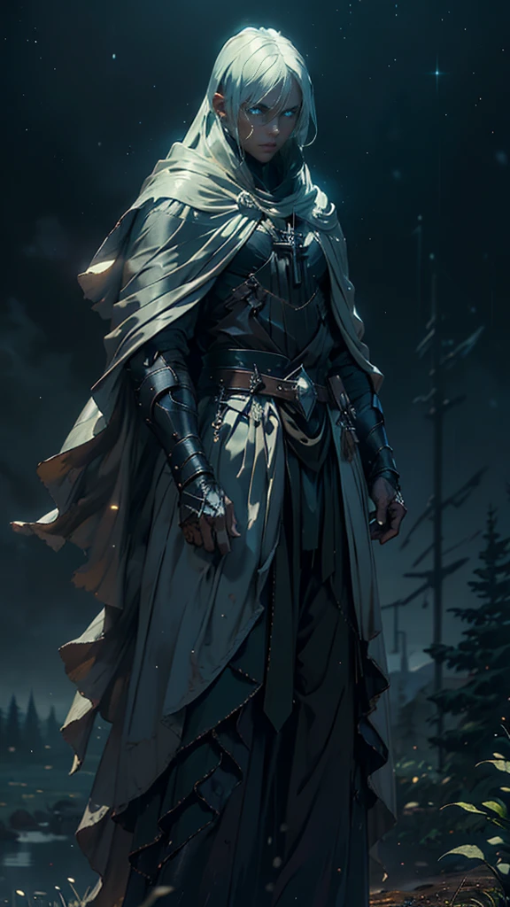 (Best Quality,ultra detailed), artificial raindrops falling, a man standing in the rain, white hair, blue eyes, detailed face(fail),dense ruinscape landscape,majestic and serene nature, shining brightly in the night sky,black medieval outfit with pants glow in the moonlight, gentle style