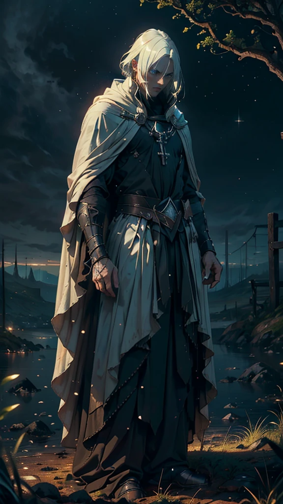 (Best Quality,ultra detailed), artificial raindrops falling, a man standing in the rain, white hair, blue eyes, detailed face(fail),dense ruinscape landscape,majestic and serene nature, shining brightly in the night sky,black medieval outfit with pants glow in the moonlight, gentle style