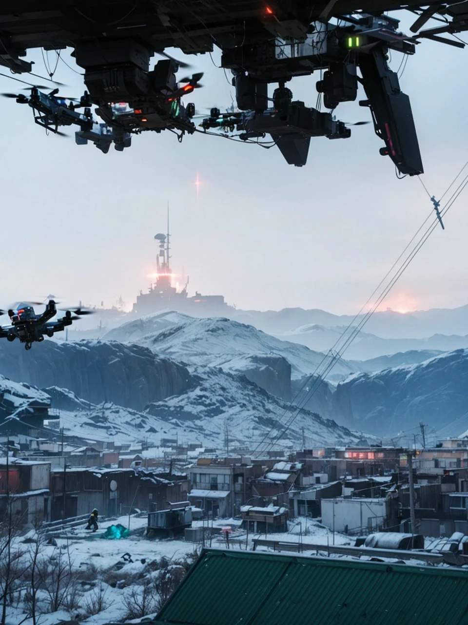 Amidst the chaos, hovering neon drones with sleek, angular designs patrol the skies. Their laser beams crisscross the air, casting eerie glows on the wounded parasite. These drones are the last remnants of a once-advanced civilization, now reduced to mere guardians of a dying world.