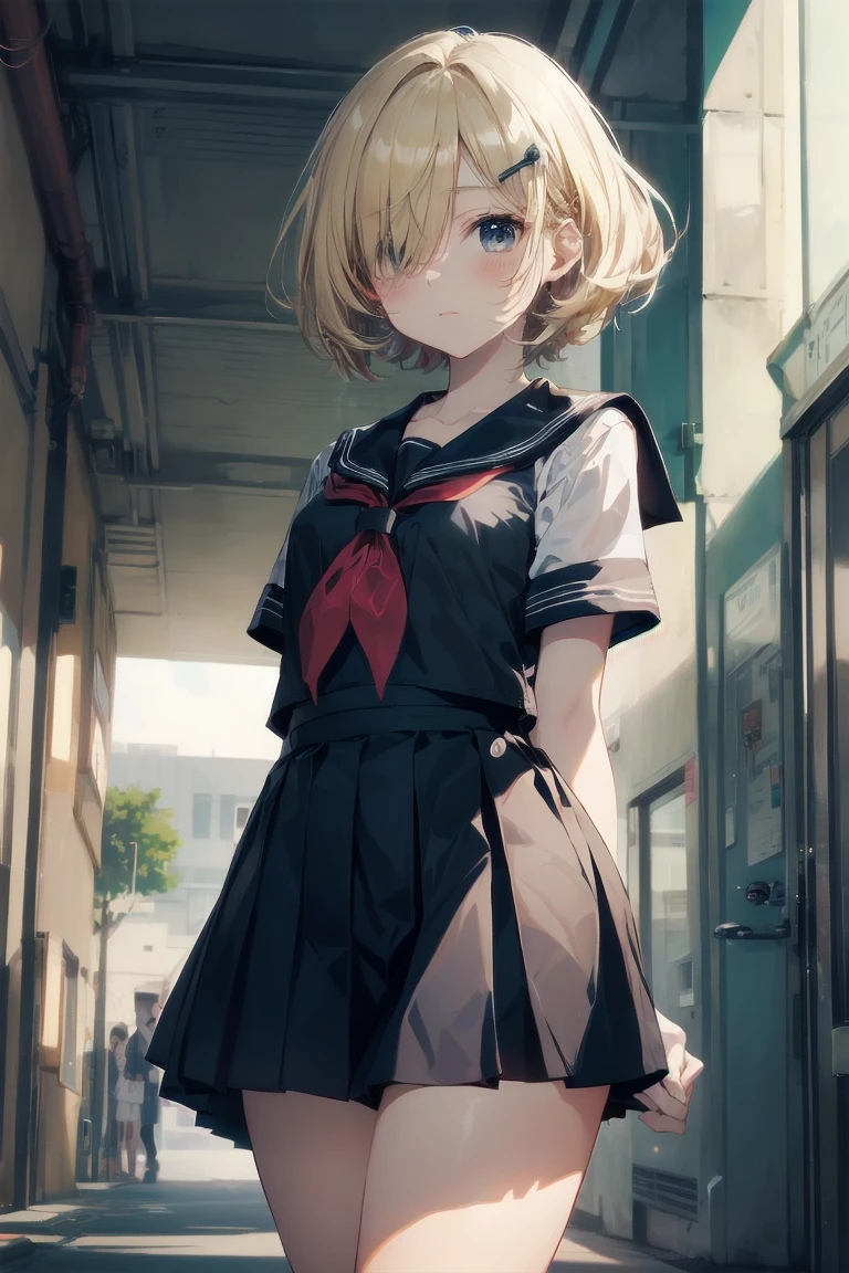 Highest quality, Anime Moe Art Style,Best Anime 8K Konachan Wallpaper,pixiv contest winners,Perfect Anatomy, (Please draw a girl walking sleepily to school.... ),break, 1 Girl, (alone,,,13 years old:1.3),high school student, short hair, amount, (Hair above one eye:1.7),All limbs, Full Finger,Medium Chest, Between the legs, Small eyes,accurate black eyes, Hair Clip, (Sailor suit:1.5),(school uniform:1.5) skirt,On the way to school. break,Very detailed,High resolution,ultra high density skin, Professional Lighting,8K eye detail, (Cute illustrations:1.2),blonde,blonde hair,Expressionless,(Hair on one eye:1.5),Sailor suit
