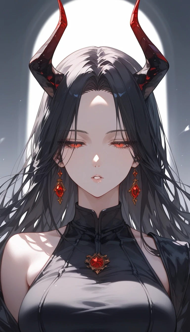 masterpiece, Score_9, Score_8_up, Score_7_up, front view, 1 woman, alone, black hair with red, long hair, parted bangs, dark red eyes, half-closed eyes, parted lips, expressionless, pale skin, large breasts, body suit, black bottom, best quality, horns up, long open bangs, black sleeveless shirt, black V-neck, red baggy pants, high heels.