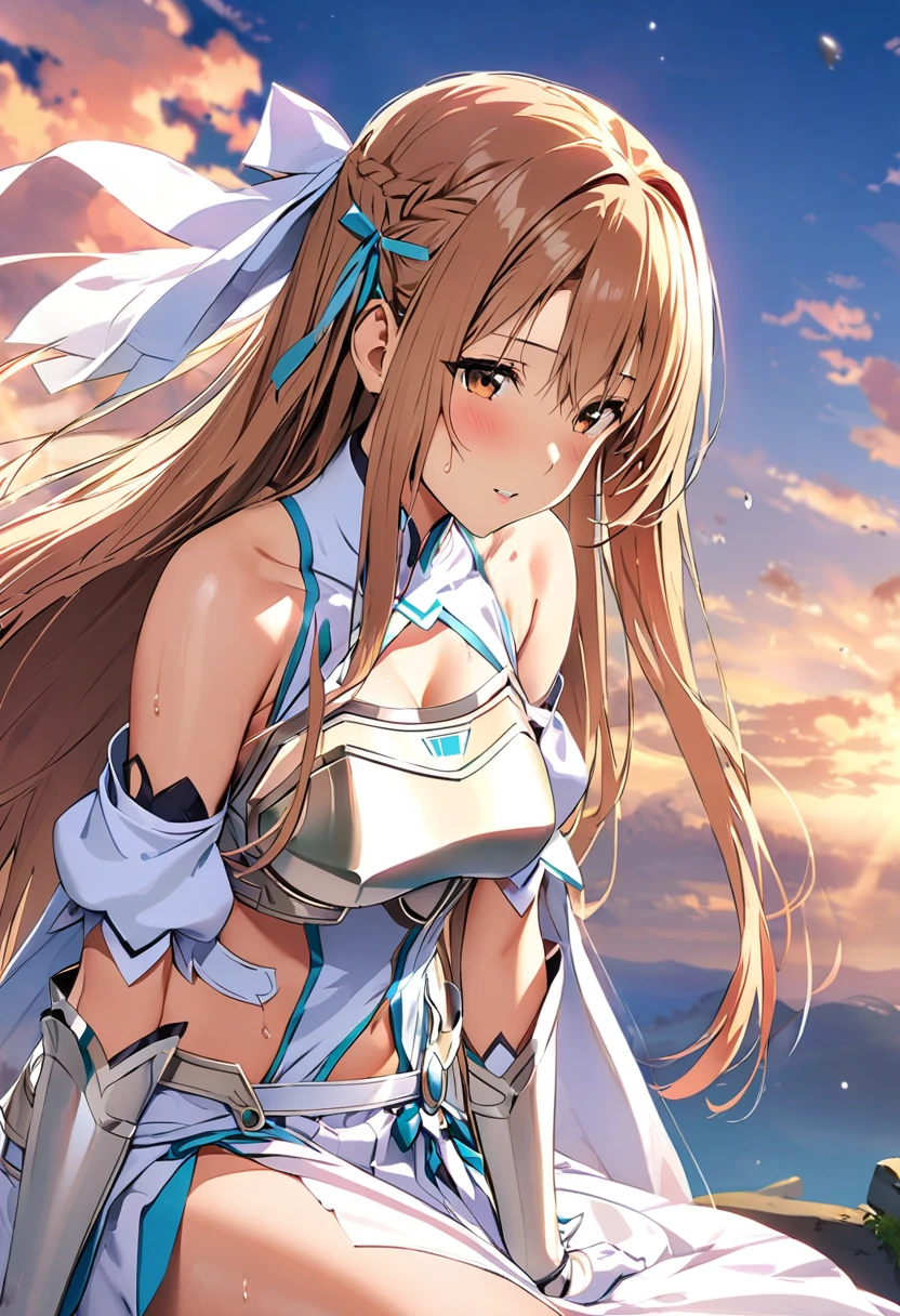 ((masterpiece)), Highest quality, Very detailed,(One Girl),Yuki Asuna、Asuna (stay), brown eyes, bare shoulders, breastplate, armor, detached sleeves, gloves, white gloves, dress, red and white dress, Long Hair,Beautiful background ,Clothing,  chest, Bent body, Look to the side, Hot body、Sweaty、