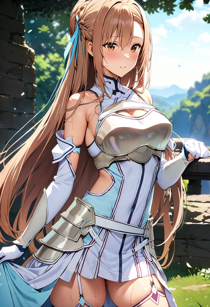((masterpiece)), Highest quality, Very detailed,(One Girl),Yuki Asuna、Asuna (stay), brown eyes, bare shoulders, breastplate, armor, detached sleeves, gloves, white gloves, dress, red and white dress, Long Hair,Beautiful background ,Clothing, chest, Bent body, Look to the side, Hot body、Sweaty、