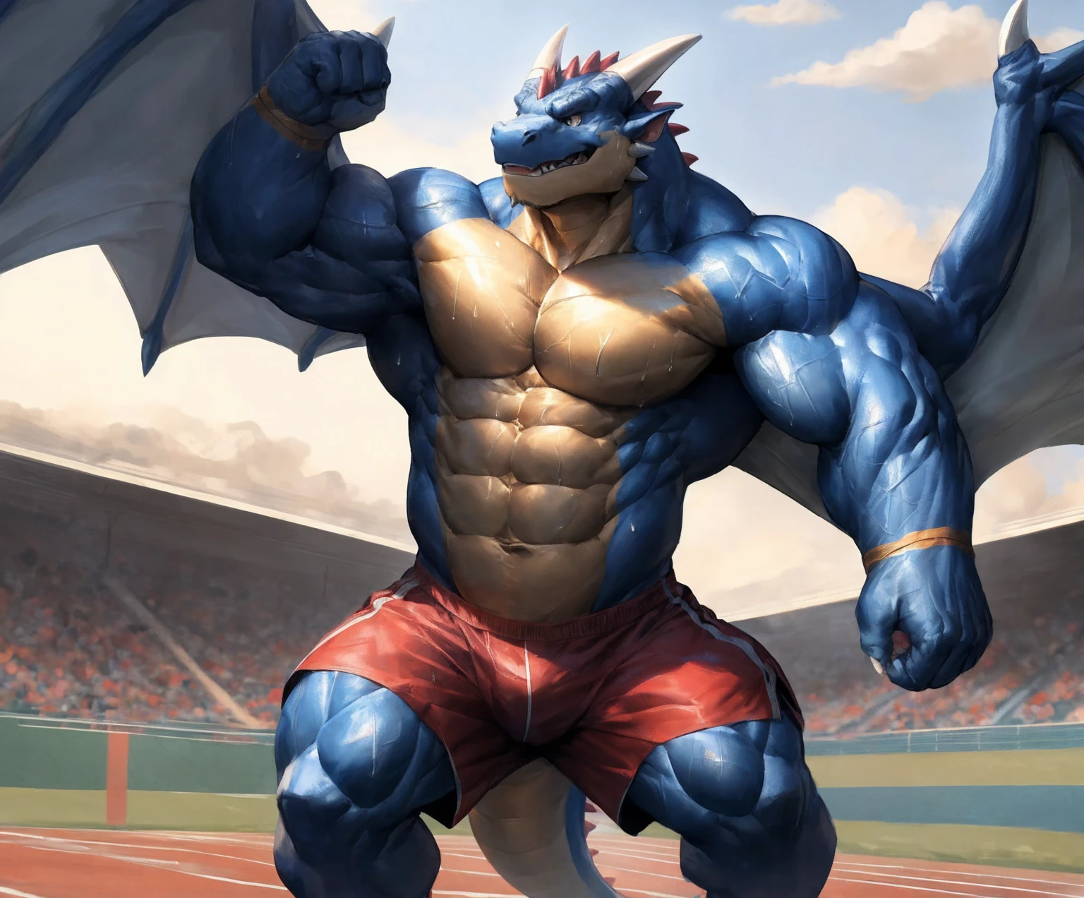 human nature, cannon, male, solitary, ((the strong，Handsome)), (dragon), Chibo，Six-pack abs，(Athletics，Track)，run，Blue shorts，Sweat:1.3，high quality, (4K,high quality, high resolution, masterpiece), cartoon,by lindong