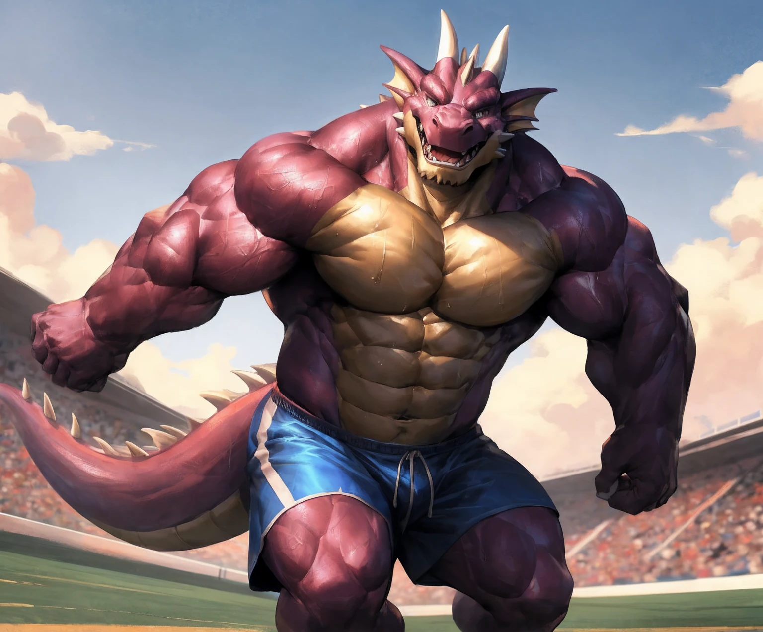 human nature, cannon, male, solitary, ((the strong，Handsome)), (dragon), Chibo，Six-pack abs，(Athletics，Track)，run，Blue shorts，Sweat:1.3，high quality, (4K,high quality, high resolution, masterpiece), cartoon,by lindong