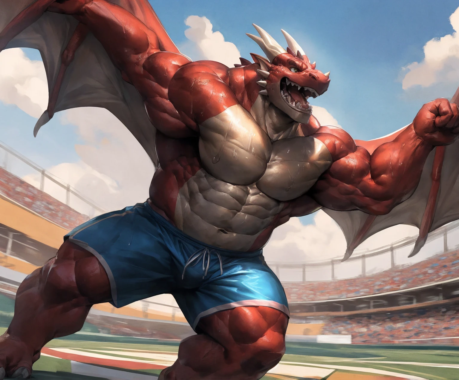 human nature, cannon, male, solitary, ((the strong，Handsome)), (dragon), Chibo，Six-pack abs，(Athletics，Track)，run，Blue shorts，Sweat:1.3，high quality, (4K,high quality, high resolution, masterpiece), cartoon,by lindong