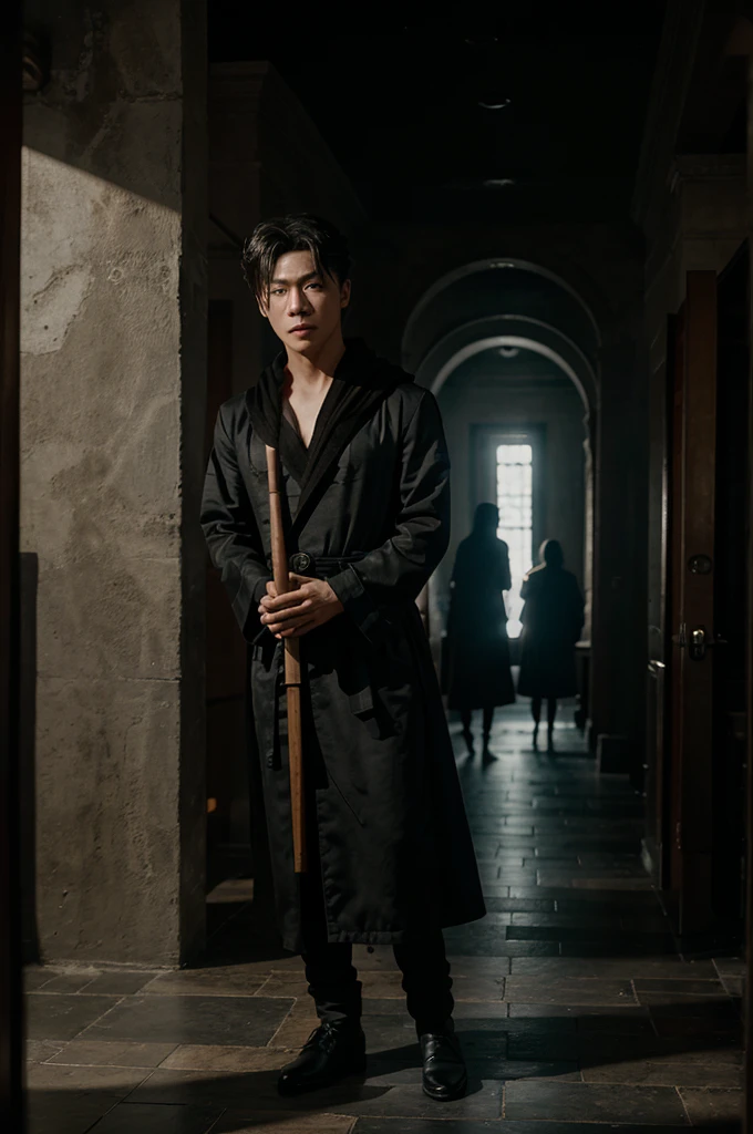 Lee donghae wearing a black robe and carrying a 15 inch wand, was staring intently during the magic war.