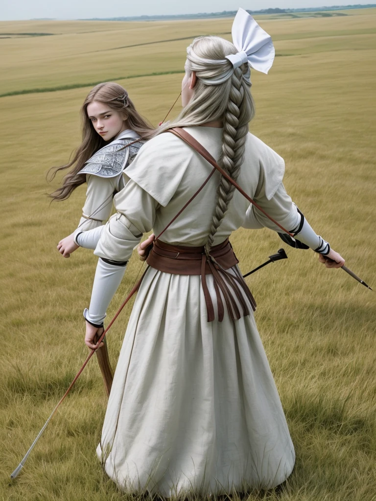 woman, having your hair long, Whites , olhos Whites. carrying a bow on his back, with typical clothing of an archer from medieval times, at the bottom of a large grass plain. create realistic image, with attention to details and your hair.