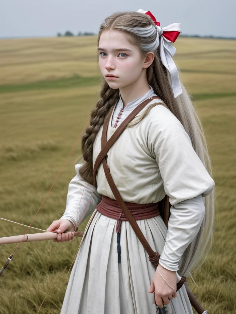  woman, having your hair long, Whites , olhos Whites. carrying a bow on his back, with typical clothing of an archer from medieval times, at the bottom of a large grass plain. create realistic image, with attention to details and your hair.