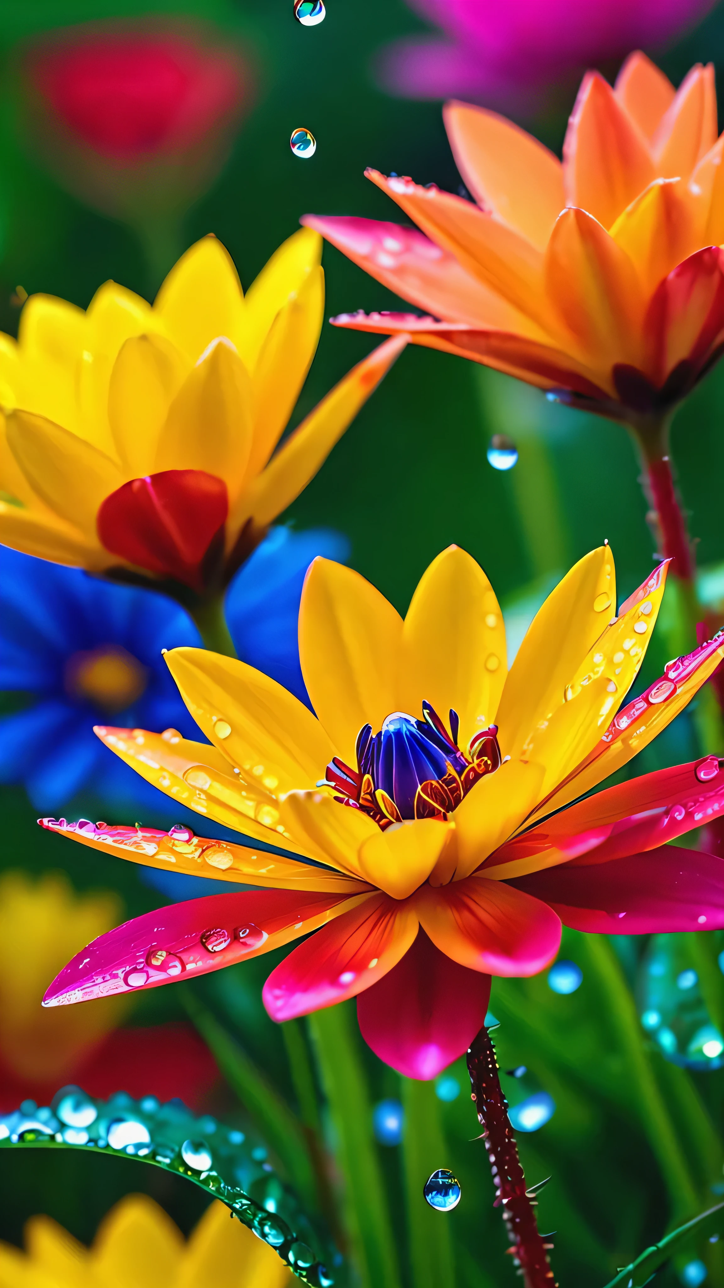 Imagine a vivid close-up, Unusual flowers, The petals spread out in vibrant colors like a kaleidoscope. Dewdrops on the surface reflect the surrounding environment, Make something small, The world reflected in each drop of water. The flowers stand out against a lush, blurry background, Tropical Garden. The scene is brought to life in a vibrant and dynamic digital art style., Inspired by the artistic vision of Luca Martel.